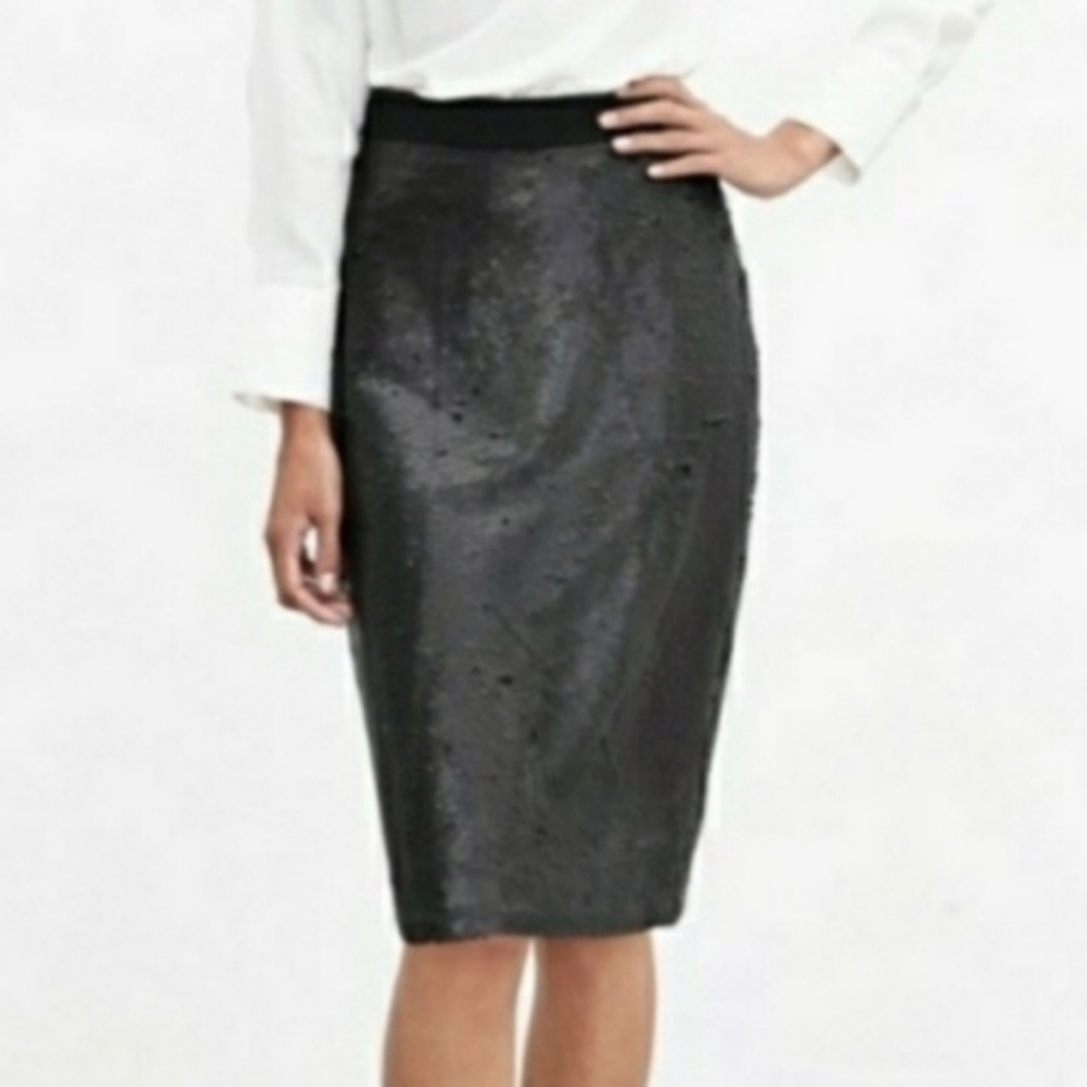 NEW Banana Republic Black Sequin Pencil Skirt Modest, back zip, back split